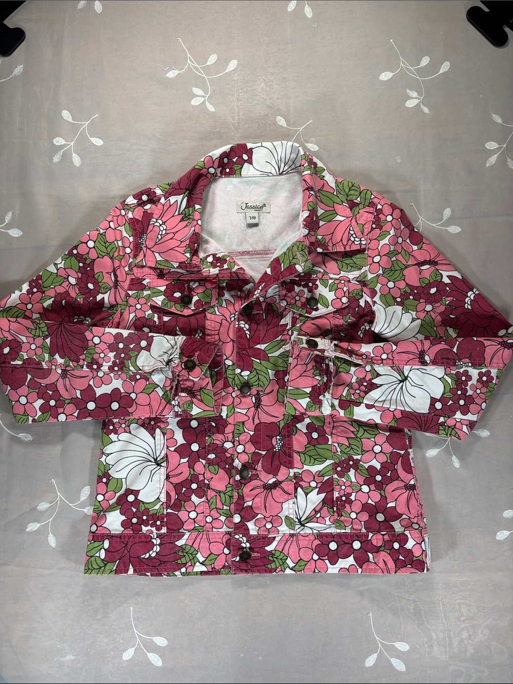 VTG Jessica Sport Pink Floral Cotton Jean Denim Jacket with Green Accents 7/8